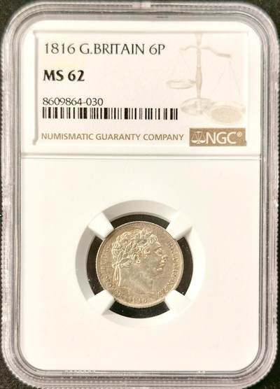 “福币呈祥”新年甄品场（直播拍卖）甄臻铺-世界币章拍卖（第50期），送拍享返佣金等优惠多多 - NGC-MS62  英国1816年乔治三世牛头6便士 黄油包浆