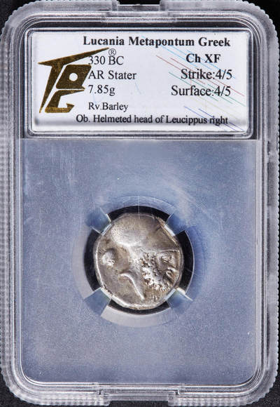 【俄甄集藏】马年新春第一拍 2026年(048)02-25星期三 晚 19:30 全场包邮 - 古希腊卢卡尼亚梅塔蓬城公元前340-前330年英雄留基伯斯1斯塔特1麦穗银币，TQG Ch XF(Str 4/5, Sur 4/5)，正面戴科林斯盔的建城英雄留基伯斯，背面一株大麦穗，麦叶上有狼牙棒，直径：20mm