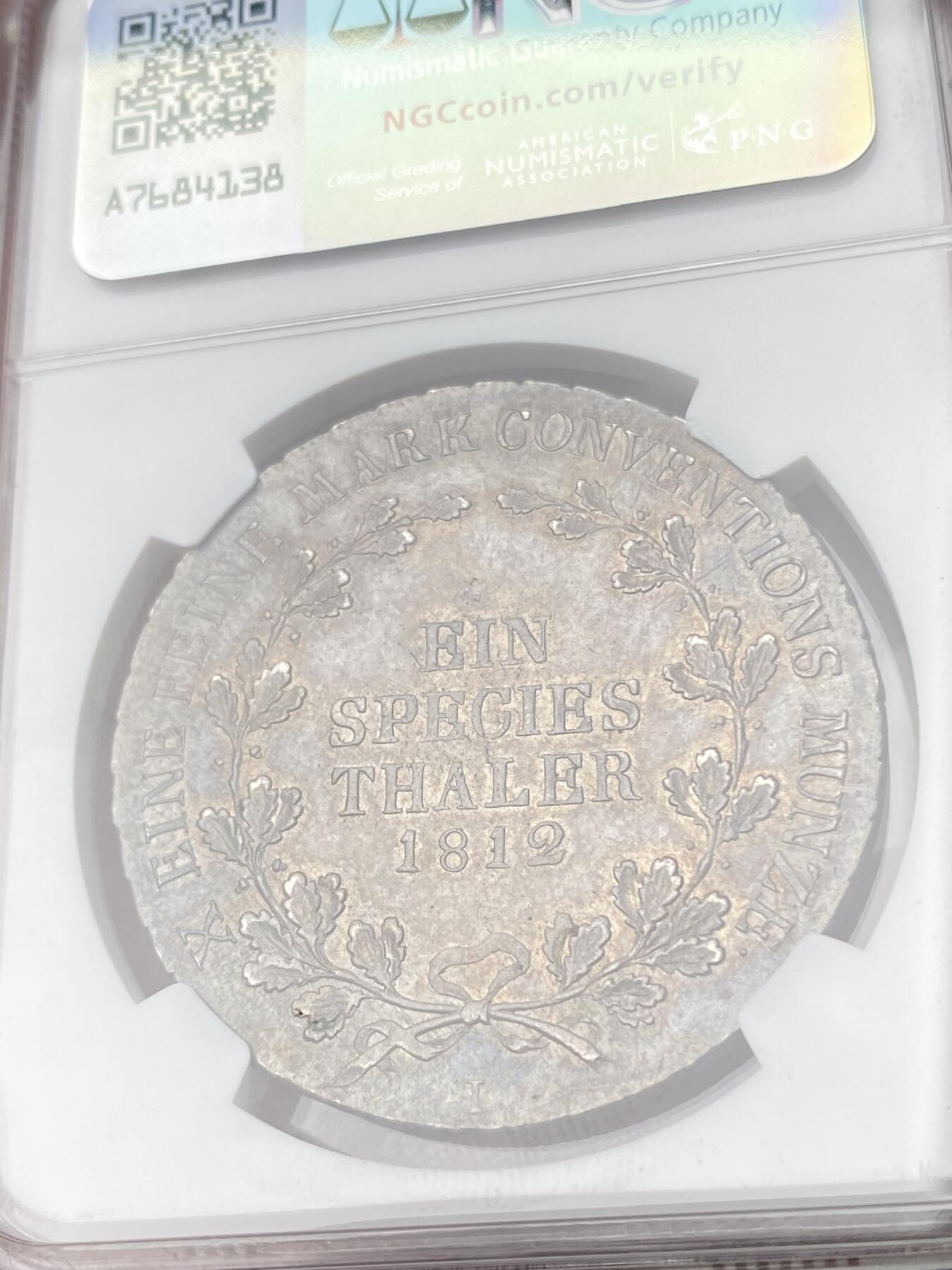 万国钱币拍卖第061期（马年首拍） NGC MS62 1812年德国施瓦茨堡-鲁道尔斯塔特公国大泰勒 正面为弗里德里希·冈瑟大公侧相 此版本为仅发行两年的小邦珍稀品种 全深均匀欧陆淡彩极美