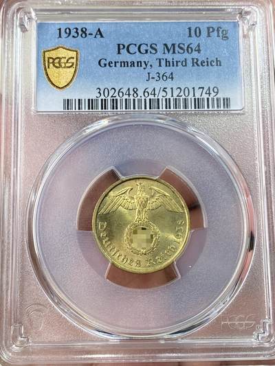 万国钱币拍卖第061期（马年首拍） - PCGS MS64 1938年德国民族社会主义工人党黄铜10芬尼 金色黄铜光极美（原图请私信后台或自行查询官网）