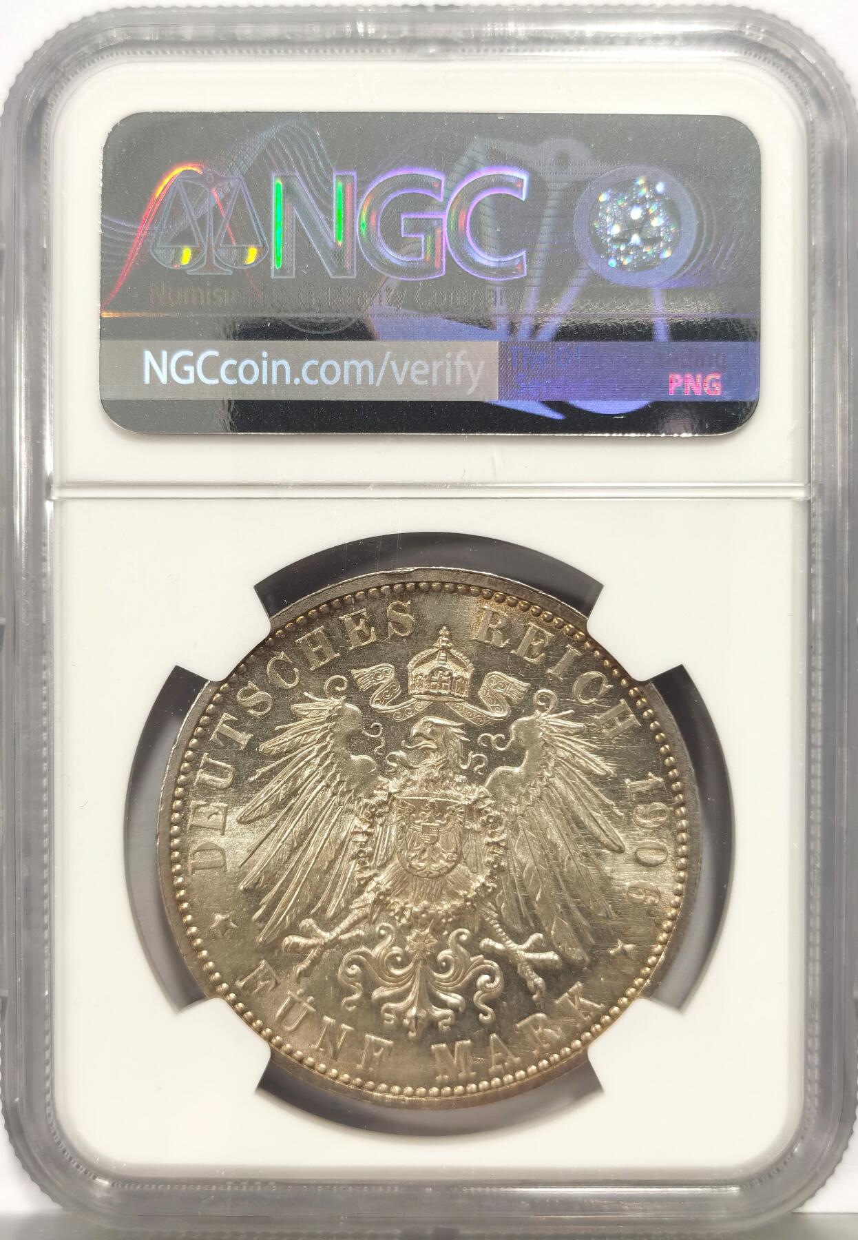 博洋堂蛇年收官专场暨第161期（全场包邮） NGC MS64 德国巴登1906年巴登大公金婚纪念5马克银币 双面浅黄彩转光饱满