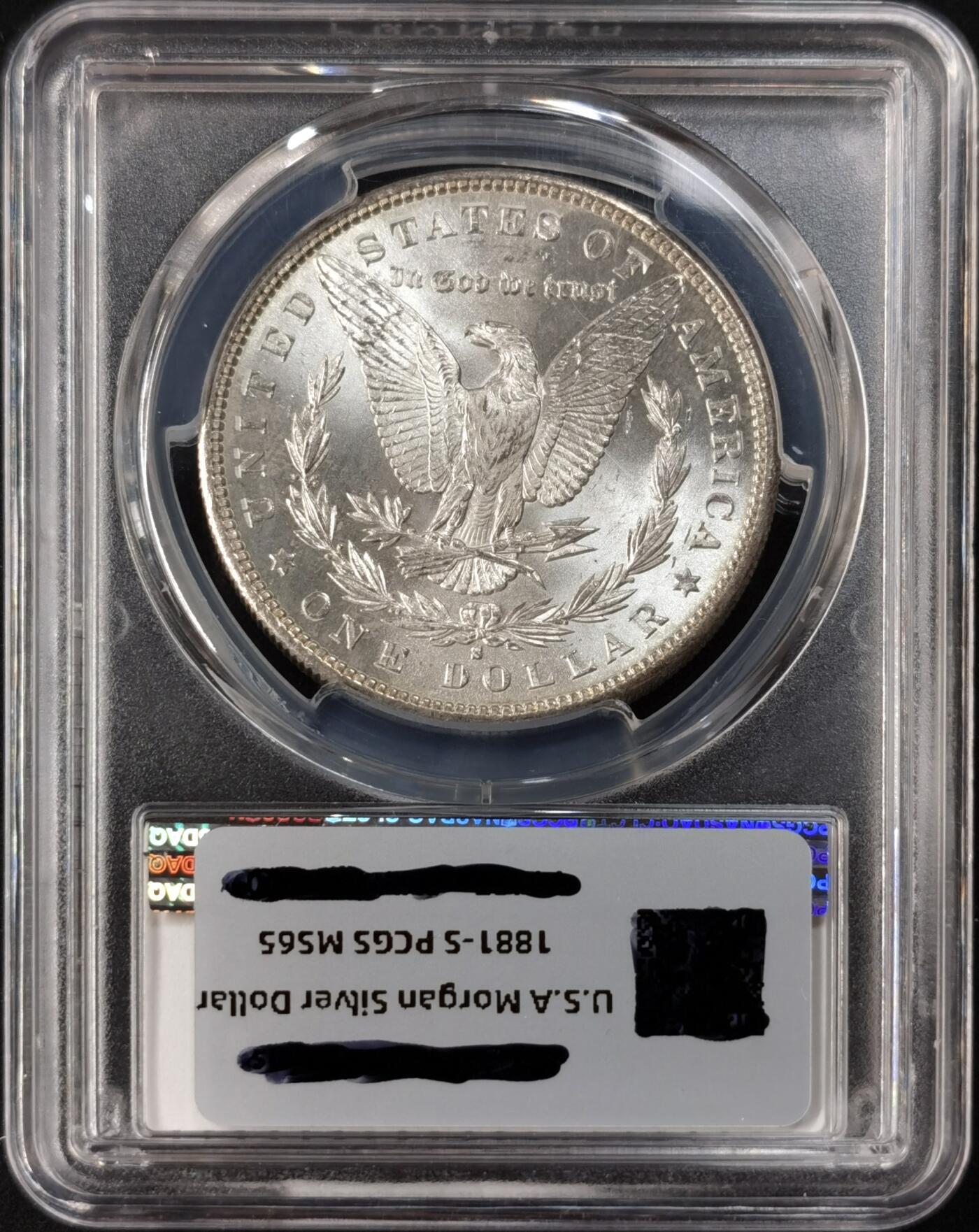 “福币呈祥”新年甄品场（直播拍卖）甄臻铺-世界币章拍卖（第50期），送拍享返佣金等优惠多多 PCGS MS65 美国 1881年S版 摩根$1银币 人面渐变五彩包浆 色泽自然过渡 层次丰富 实属难得