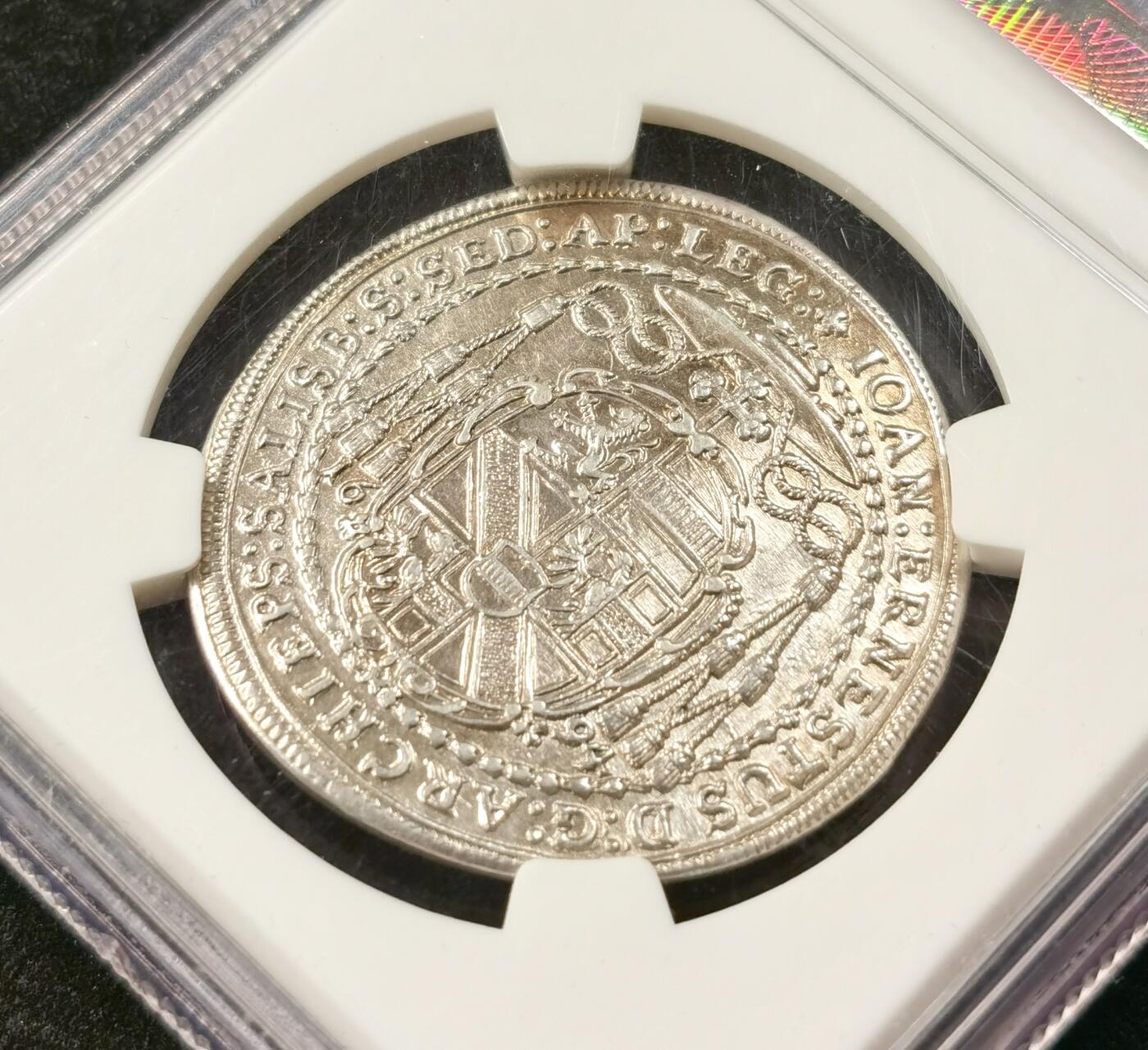 “福币呈祥”新年甄品场（直播拍卖）甄臻铺-世界币章拍卖（第50期），送拍享返佣金等优惠多多 NGC-MS61 神圣罗马帝国奥地利萨尔茨堡1694年1/2泰勒银币，原味黄油光 手工深打 极美品！