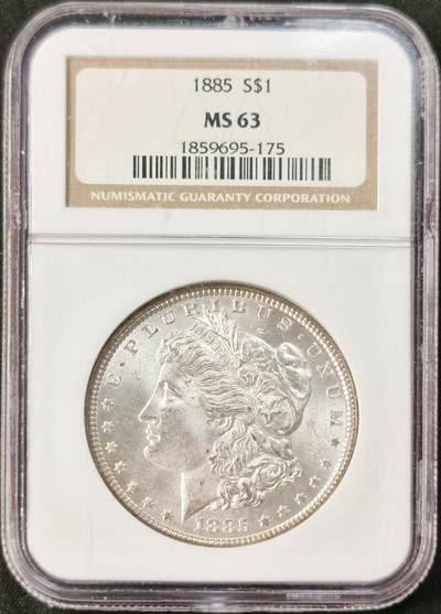 “福币呈祥”新年甄品场（直播拍卖）甄臻铺-世界币章拍卖（第50期），送拍享返佣金等优惠多多 - NGC-MS63 美国1885年摩根一元银币，老盒子严评加小版再评，较少见