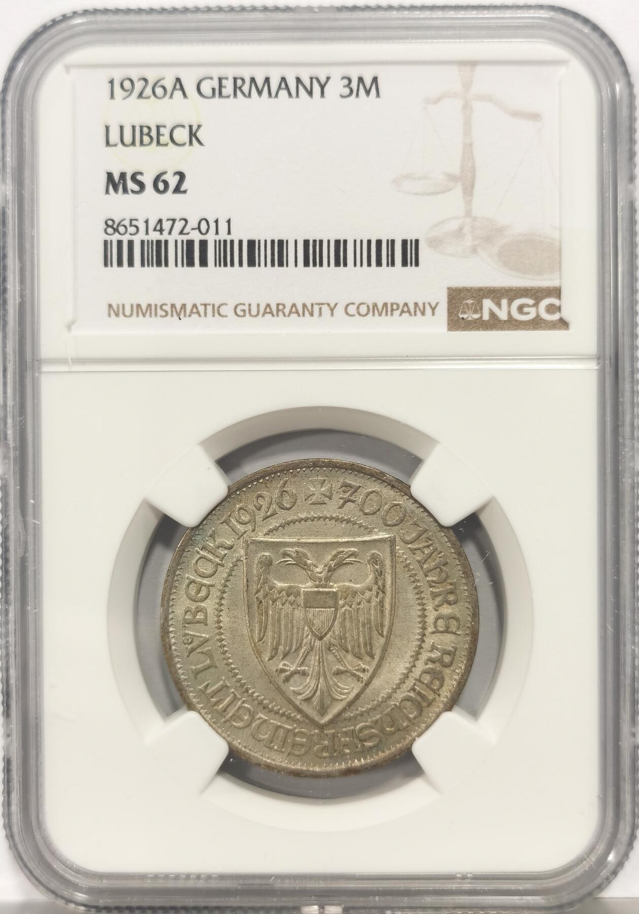 博洋堂蛇年收官专场暨第161期（全场包邮） NGC MS62 德国魏玛1926年A版 吕贝克3马克银币 黄油淡彩