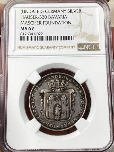 万国钱币拍卖第061期（马年首拍） - NGC MS62 20世纪初德国巴伐利亚慕尼黑玛舍尔基金会纪念银章 原味黑彩 罕见品种收藏品质