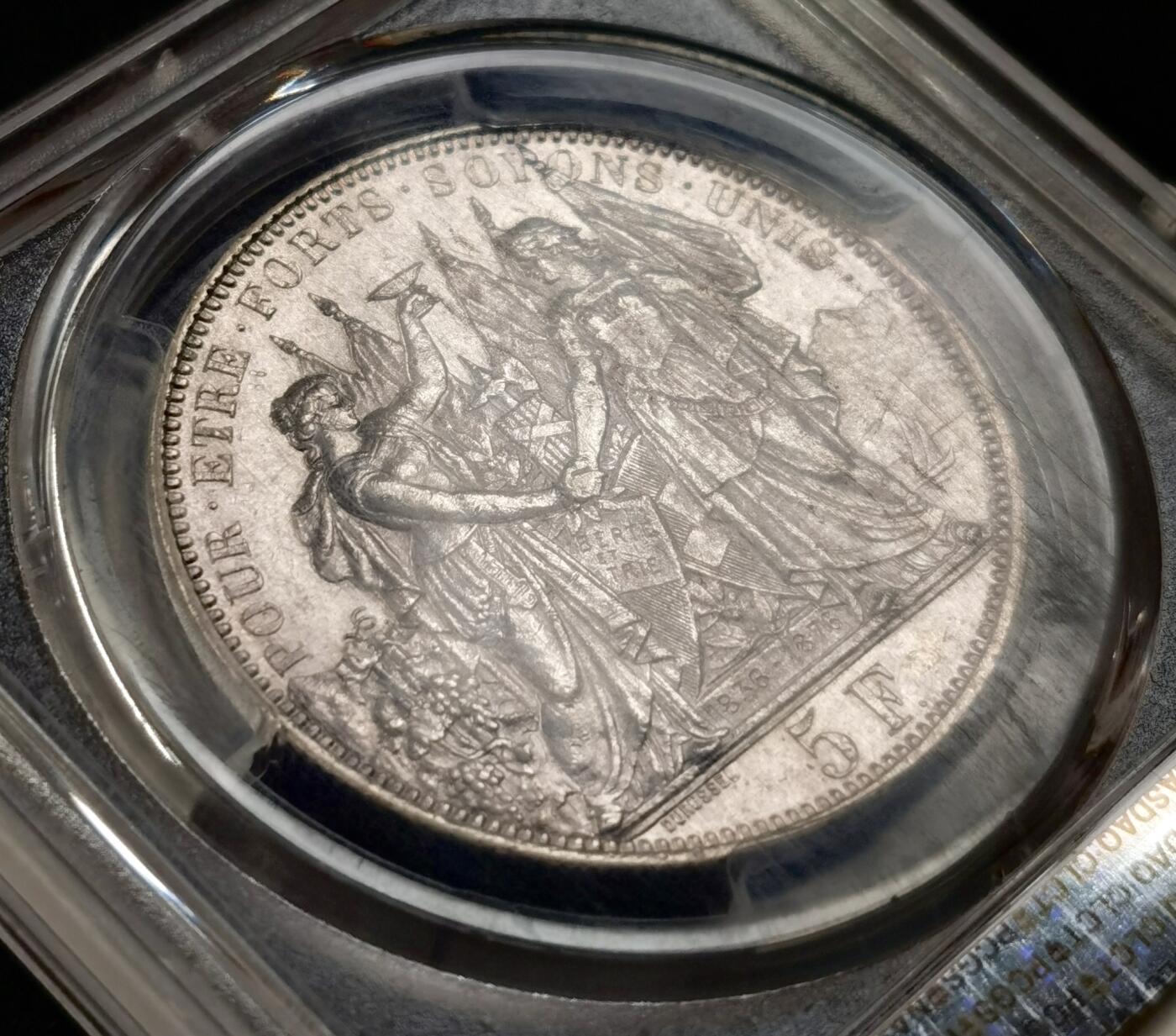 “福币呈祥”新年甄品场（直播拍卖）甄臻铺-世界币章拍卖（第50期），送拍享返佣金等优惠多多 PCGS-MS61 1876年瑞士洛桑射击节5法郎银币，紫罗兰包浆，背后的洛桑城景观细节一流，发行量20000枚，喜欢瑞射景观的不能错过的一枚。