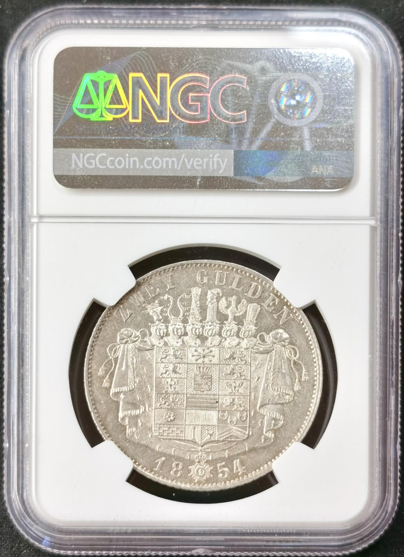 “福币呈祥”新年甄品场（直播拍卖）甄臻铺-世界币章拍卖（第50期），送拍享返佣金等优惠多多 NGC-MS61 1854年德国萨克森-梅宁根2古尔登大银币 罕见小邦品种 暴力十字转光银霜满满，低评高性价比