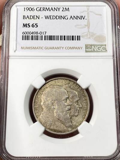 万国钱币拍卖第061期（马年首拍） - NGC MS65 1906德国巴登金婚纪念长翅2马克 BU丝绸转光香槟五彩极美收藏级