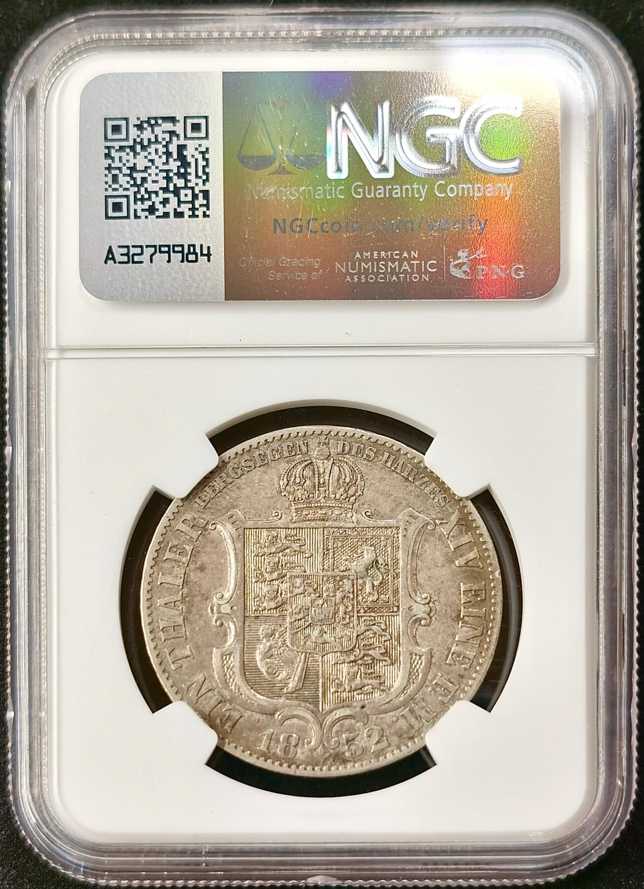 “福币呈祥”新年甄品场（直播拍卖）甄臻铺-世界币章拍卖（第50期），送拍享返佣金等优惠多多 NGC-XF45 德国汉诺威 1852年B厂 乔治五世1泰勒 纹章泰勒 老彩包浆 更高分仅6枚