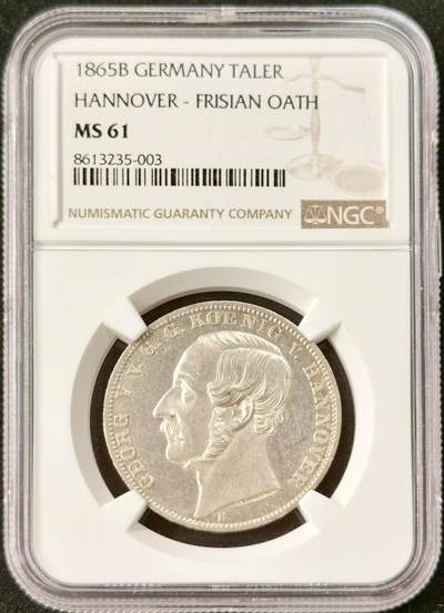 “福币呈祥”新年甄品场（直播拍卖）甄臻铺-世界币章拍卖（第50期），送拍享返佣金等优惠多多 - NGC-MS61 1865年德意志汉诺威王朝弗里斯兰橡树泰勒，橡树叶一颗一颗如风中飘逸，人物盔甲几乎无磨损，细节饱满，个人认为严重低评，周围箴言“起来吧，自由的弗里斯兰人”，发行量才2000枚，卖一枚少一枚的存在，银价暴涨别错过。
