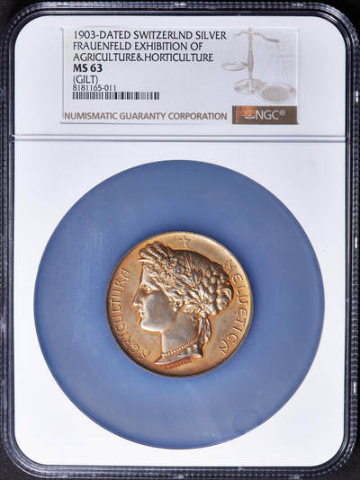 【俄甄集藏】马年新春第一拍 2026年(048)02-25星期三 晚 19:30 全场包邮 - 瑞士1903年谷物女神头像纪念弗劳恩费尔德市农业与园艺展览会镀金大银章，NGC MS63，金水足，直径：50mm