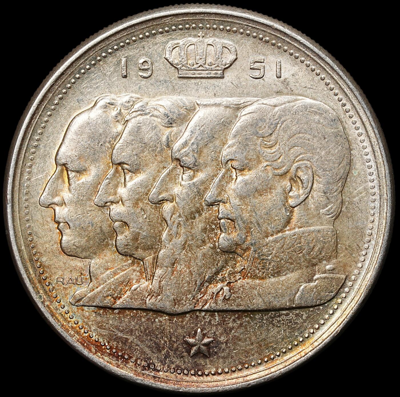 修遠堂世界钱币第105期，马年首拍 1951年比利时独立100周年100法郎纪念银币，18.00g，含银83.5%，未流通