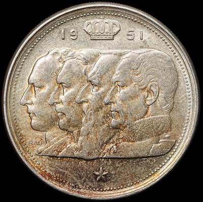 修遠堂世界钱币第105期，马年首拍 - 1951年比利时独立100周年100法郎纪念银币，18.00g，含银83.5%，未流通