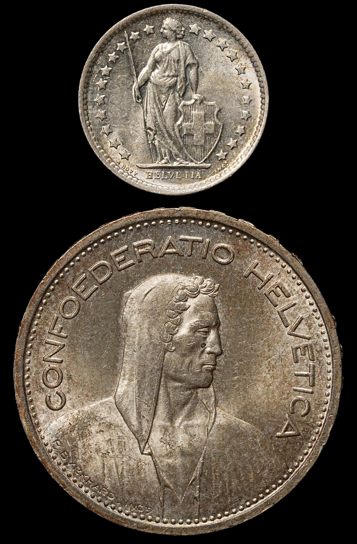 修遠堂世界钱币第105期，马年首拍 瑞士银币2枚，未流通，总重17.58g，含银83.5%