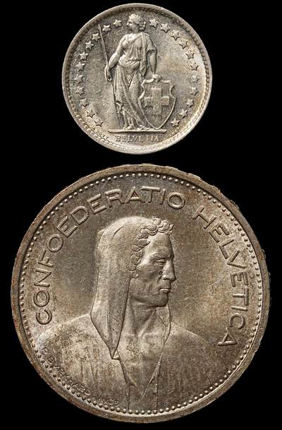 修遠堂世界钱币第105期，马年首拍 - 瑞士银币2枚，未流通，总重17.58g，含银83.5%