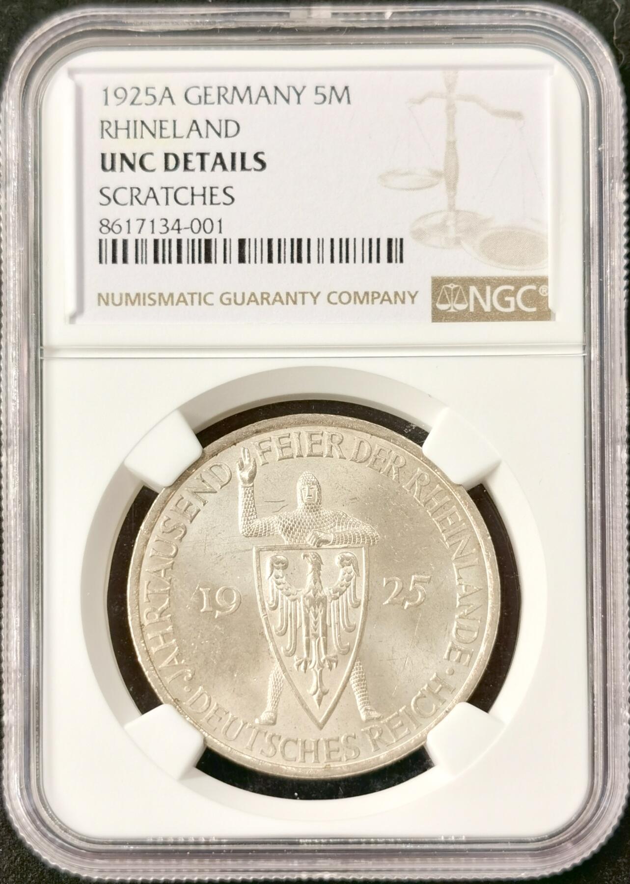 “福币呈祥”新年甄品场（直播拍卖）甄臻铺-世界币章拍卖（第50期），送拍享返佣金等优惠多多 NGC-UNC 1925年德意志魏玛千年莱茵5马克银币，车轮转光非常明显，个人送评严评，锁子甲细节颗颗饱满，突出的靴子尖细节凌厉无磨损。