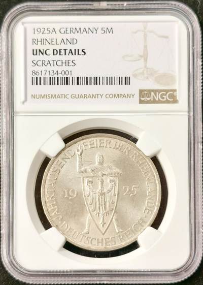 “福币呈祥”新年甄品场（直播拍卖）甄臻铺-世界币章拍卖（第50期），送拍享返佣金等优惠多多 - NGC-UNC 1925年德意志魏玛千年莱茵5马克银币，车轮转光非常明显，个人送评严评，锁子甲细节颗颗饱满，突出的靴子尖细节凌厉无磨损。