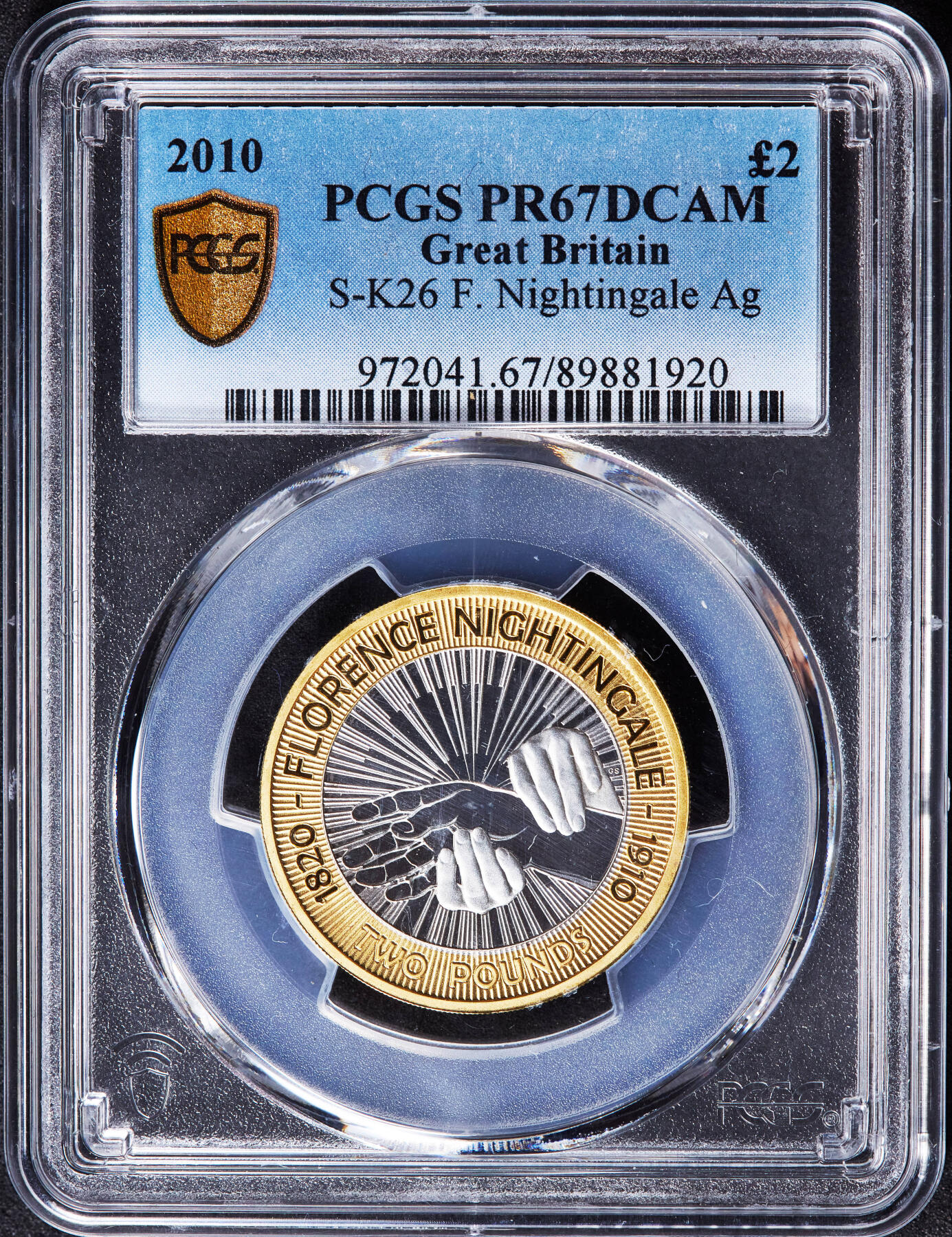 【俄甄集藏】马年新春第一拍 2026年(048)02-25星期三 晚 19:30 全场包邮 英国2010年纪念世界第一位女护士弗洛伦斯·南丁格尔逝世100周年2镑双色精制银币，PCGS PR67DC，重12克，925银，发行量5117枚，少见品种