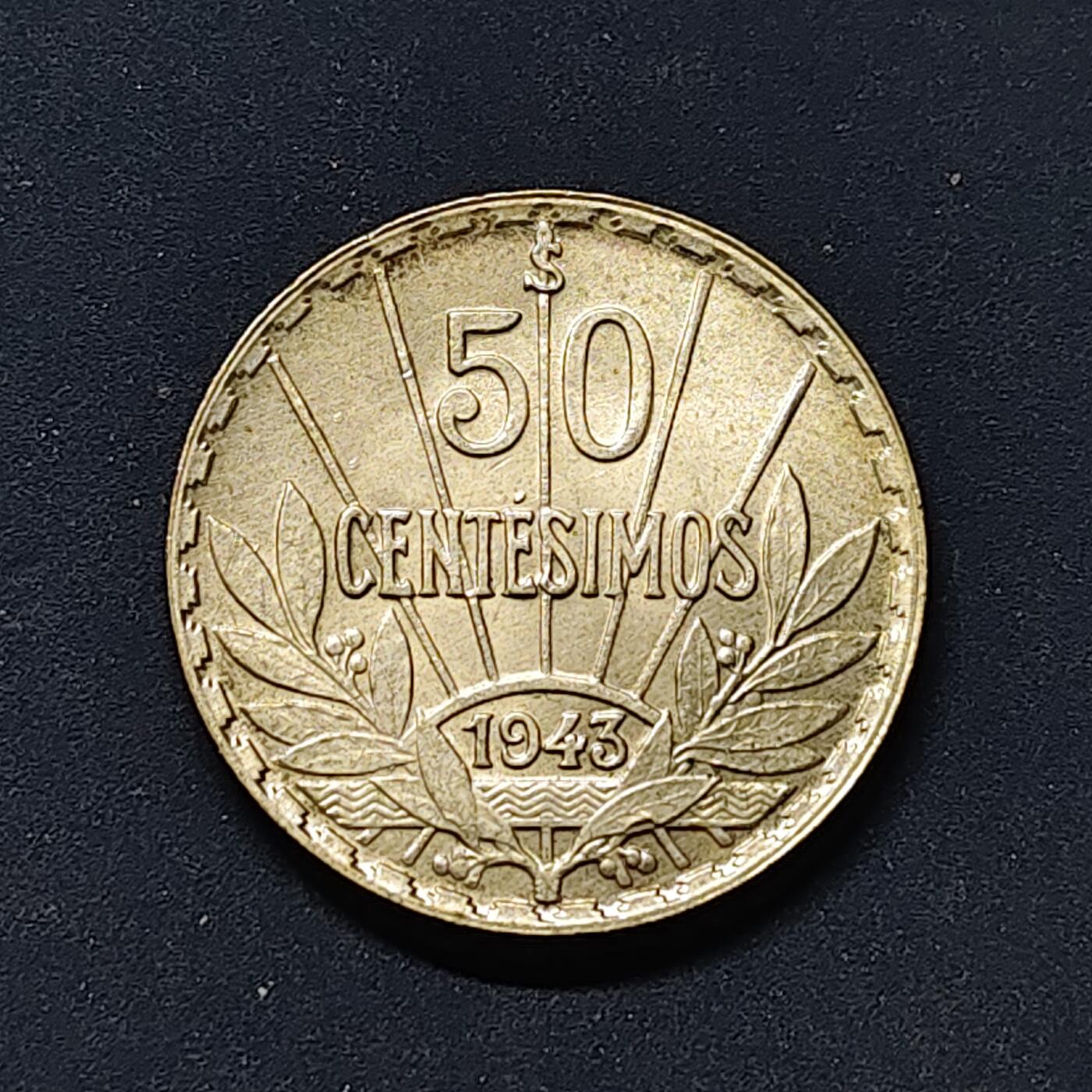 【全场包邮】纯粹捡漏拍502场 乌拉圭1943年50分银币【24毫米7克72%】