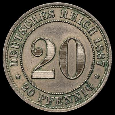 修遠堂世界钱币第105期，马年首拍 - 1887年德国20芬尼，A厂铭