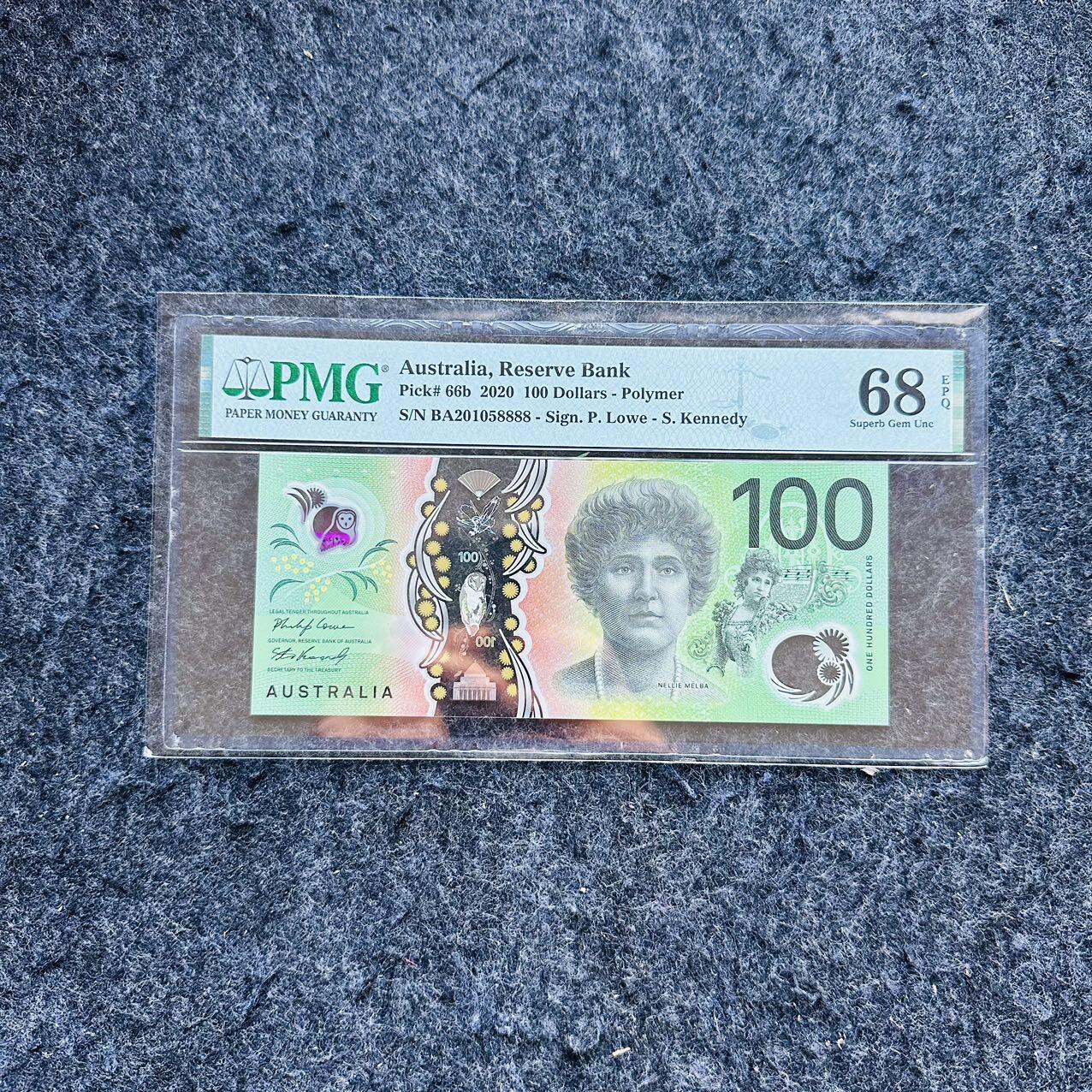 🇨🇳🇺🇳¥ ¥2026🐎新年塑料钞评级钞 澳大利亚2020年100元，狮子号8888，(BA20 1058888)