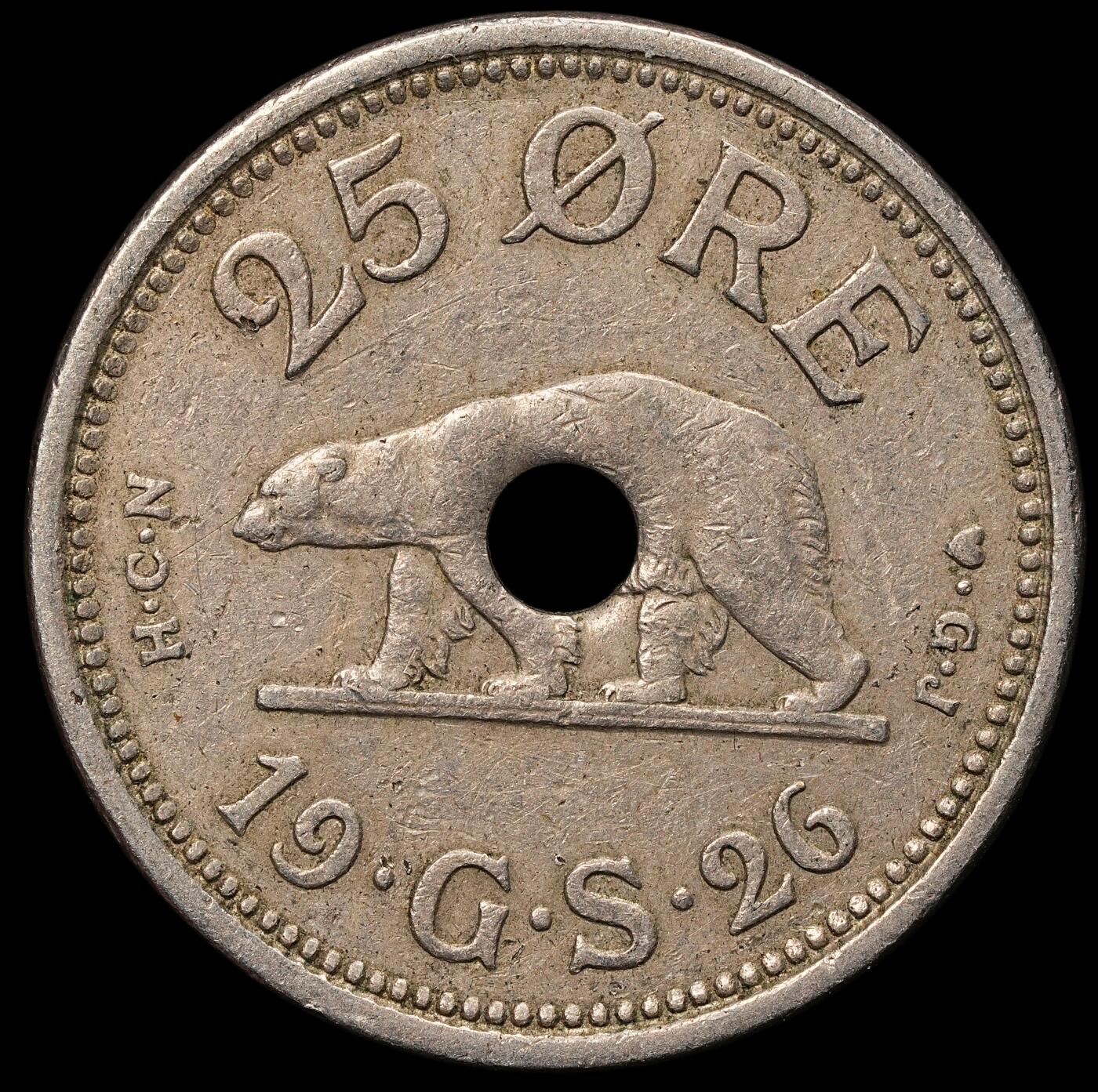 修遠堂世界钱币第105期，马年首拍 1926年格陵兰中孔25欧尔 ，1940/41年在纽约打孔，以避免与同尺寸1克朗硬币混淆，仅打孔6万枚