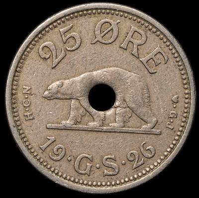 修遠堂世界钱币第105期，马年首拍 - 1926年格陵兰中孔25欧尔 ，1940/41年在纽约打孔，以避免与同尺寸1克朗硬币混淆，仅打孔6万枚