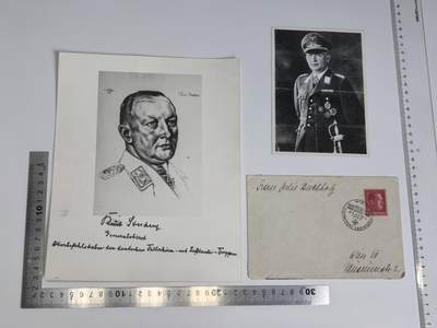 小驴勋章奖章收藏2月22日周日晚六点拍卖（珍爱和平，收藏战争，铭记历史，勿忘国耻，忠党爱国。有偿代拍，送拍规则在简介最后，参拍须阅读规则后再参拍，关系到运费包装发货时效真假辨别等关键信息，拍卖时不再发原图，看大图店主微信码在拍卖店铺介绍里） - 德国WWII伞兵部队开创者库尔特将军1974年12月亲笔签名照（战后原品亲签，此时将军已经84了，88岁去世，印的沃尔夫冈绘制肖像），签有将军名字1939年4月20日（某位画家生日）纪念封（战前原品），现代洗印的将军名签名照