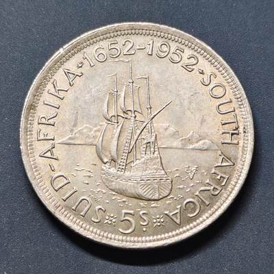 【全场包邮】纯粹捡漏拍503场 - 南非1952年5先令发现开普敦300周年克朗型纪念银币【38.61毫米28.28克50%】