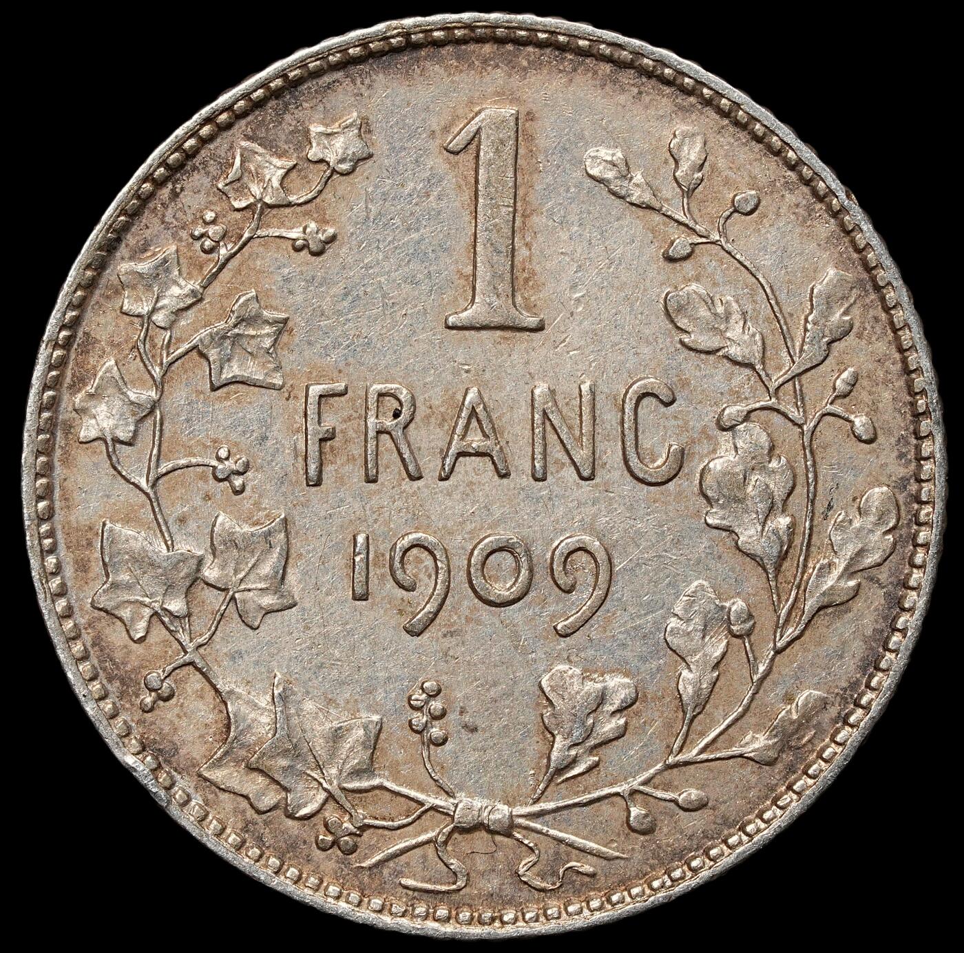 修遠堂世界钱币第105期，马年首拍 1909年比利时1法郎银币，5.00g，含银83.5%