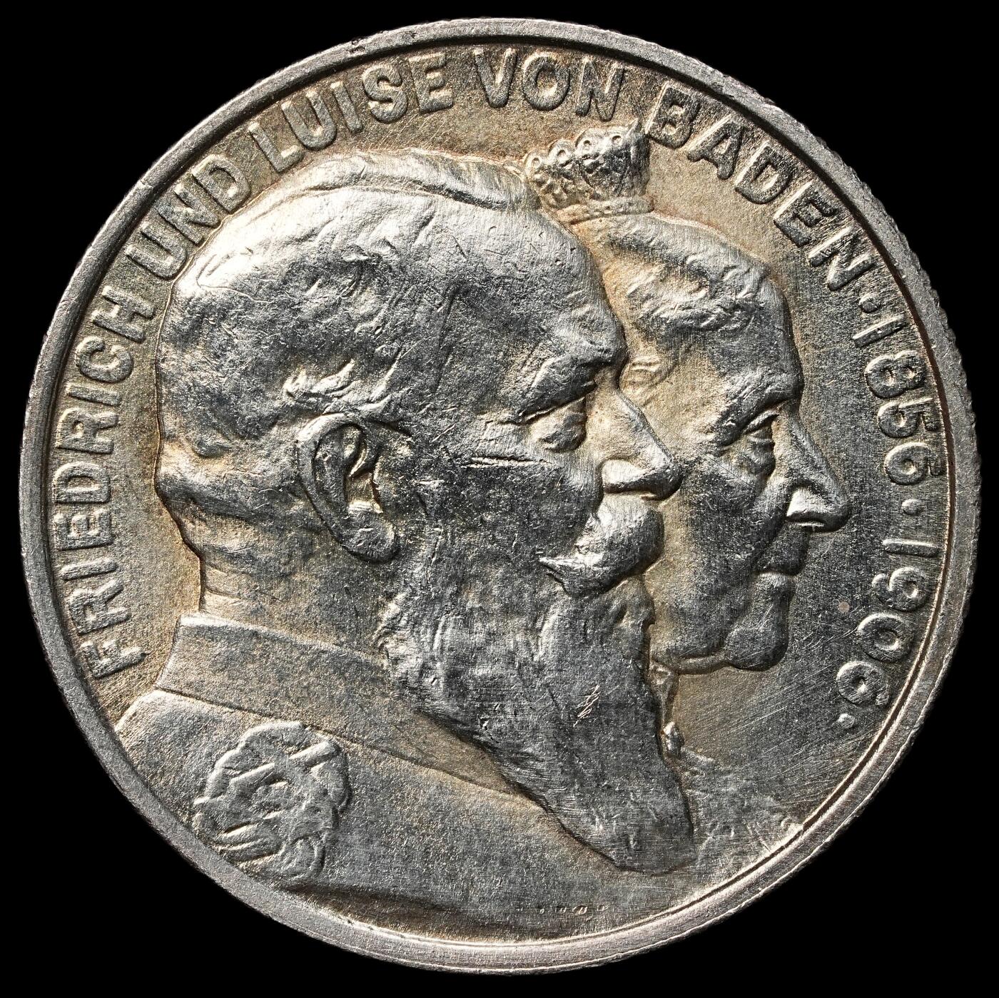 修遠堂世界钱币第105期，马年首拍 1906年巴登大公金婚纪念2马克银币