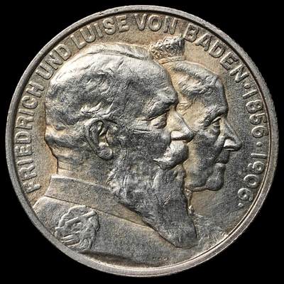 修遠堂世界钱币第105期，马年首拍 - 1906年巴登大公金婚纪念2马克银币
