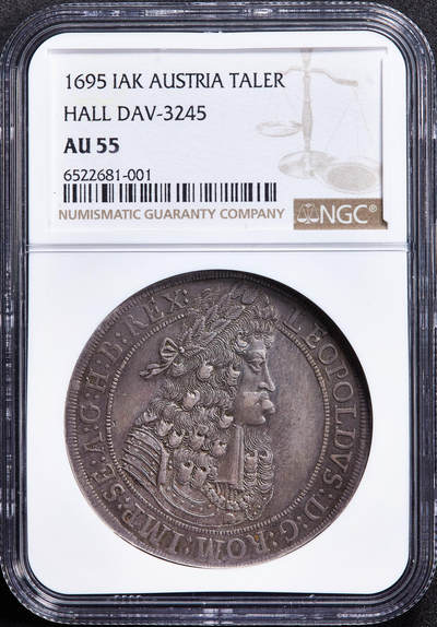 【俄甄集藏】马年新春第一拍 2026年(048)02-25星期三 晚 19:30 全场包邮 - 神圣罗马帝国-奥地利1695年利奥波德一世IAK版大波浪1泰勒大银币，NGC AU55，胡尔造币厂，酱彩包浆