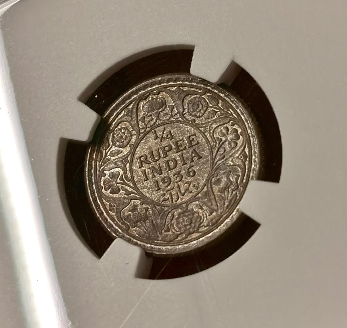 “福币呈祥”新年甄品场（直播拍卖）甄臻铺-世界币章拍卖（第50期），送拍享返佣金等优惠多多 NGC-MS65-MS64 1936年C版英属印度乔治五世1/4卢比，非原光白币，币面冷着高级灰原光，小银毫能有此高分属实难得；MS64乔五1/2卢比，桑杰.C.甘地旧藏，甘地家族旧藏罕见