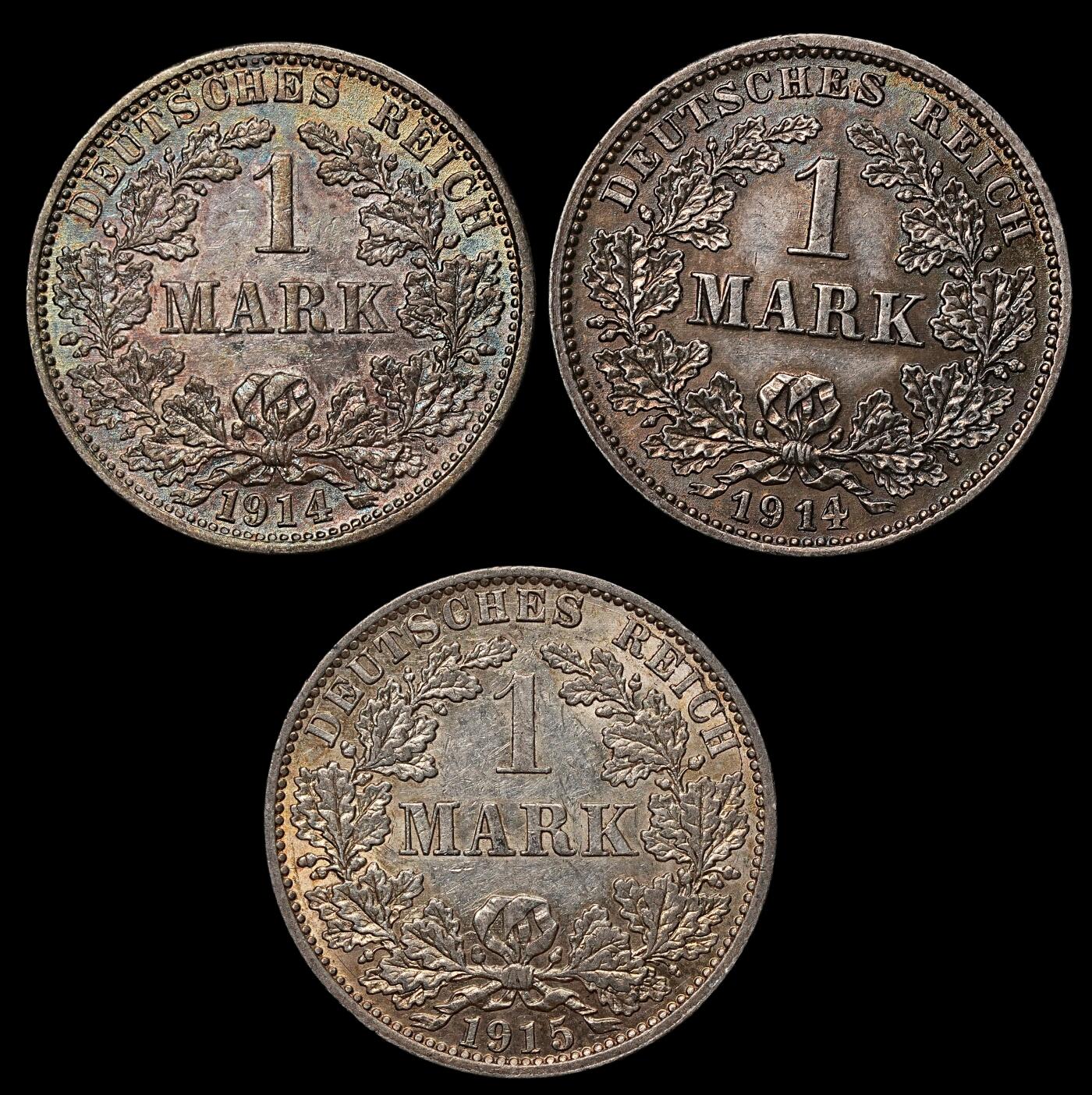 修遠堂世界钱币第105期，马年首拍 好品德国1马克3枚，总重16.60g，含银90%