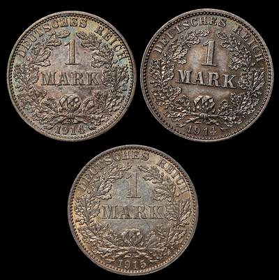 修遠堂世界钱币第105期，马年首拍 - 好品德国1马克3枚，总重16.60g，含银90%