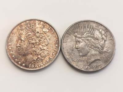博洋堂蛇年收官专场暨第161期（全场包邮） - 美国1887年摩根银币+1923年和平银币一组2枚，双面老彩车轮转光
