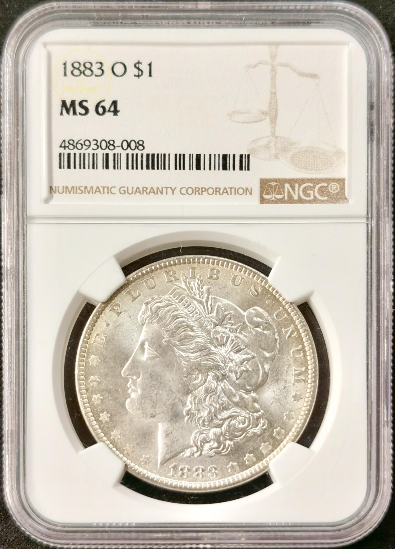 “福币呈祥”新年甄品场（直播拍卖）甄臻铺-世界币章拍卖（第50期），送拍享返佣金等优惠多多 NGC-MS64 美国1883年O版摩根一元银币，正面轻微淡彩