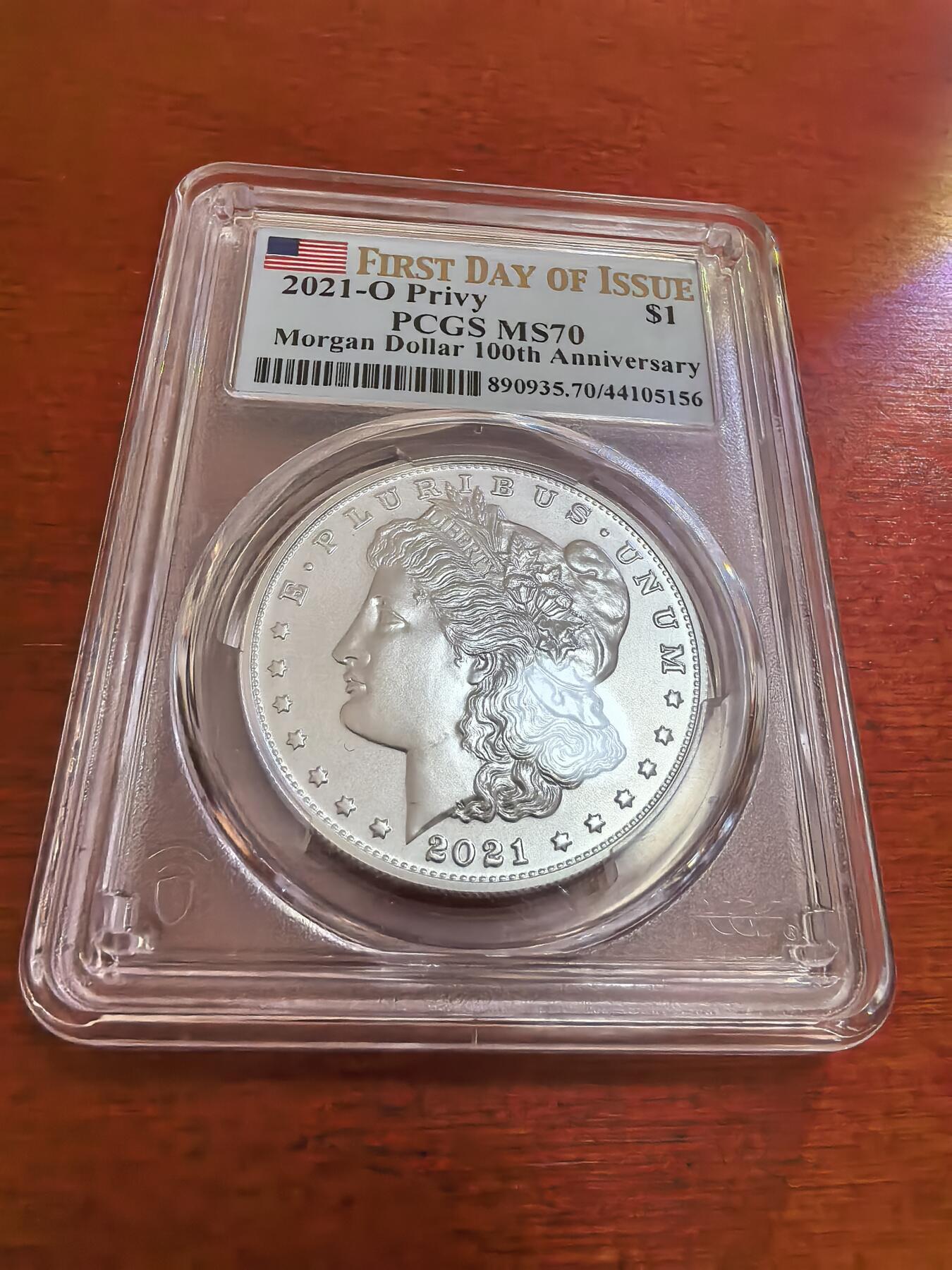 长老汇蛇年精选第一百场拍卖 2021 美国摩根1美元银币，PCGS MS70分，O记，百年标，首日标，P盒70分2022年成交价最高14000多元