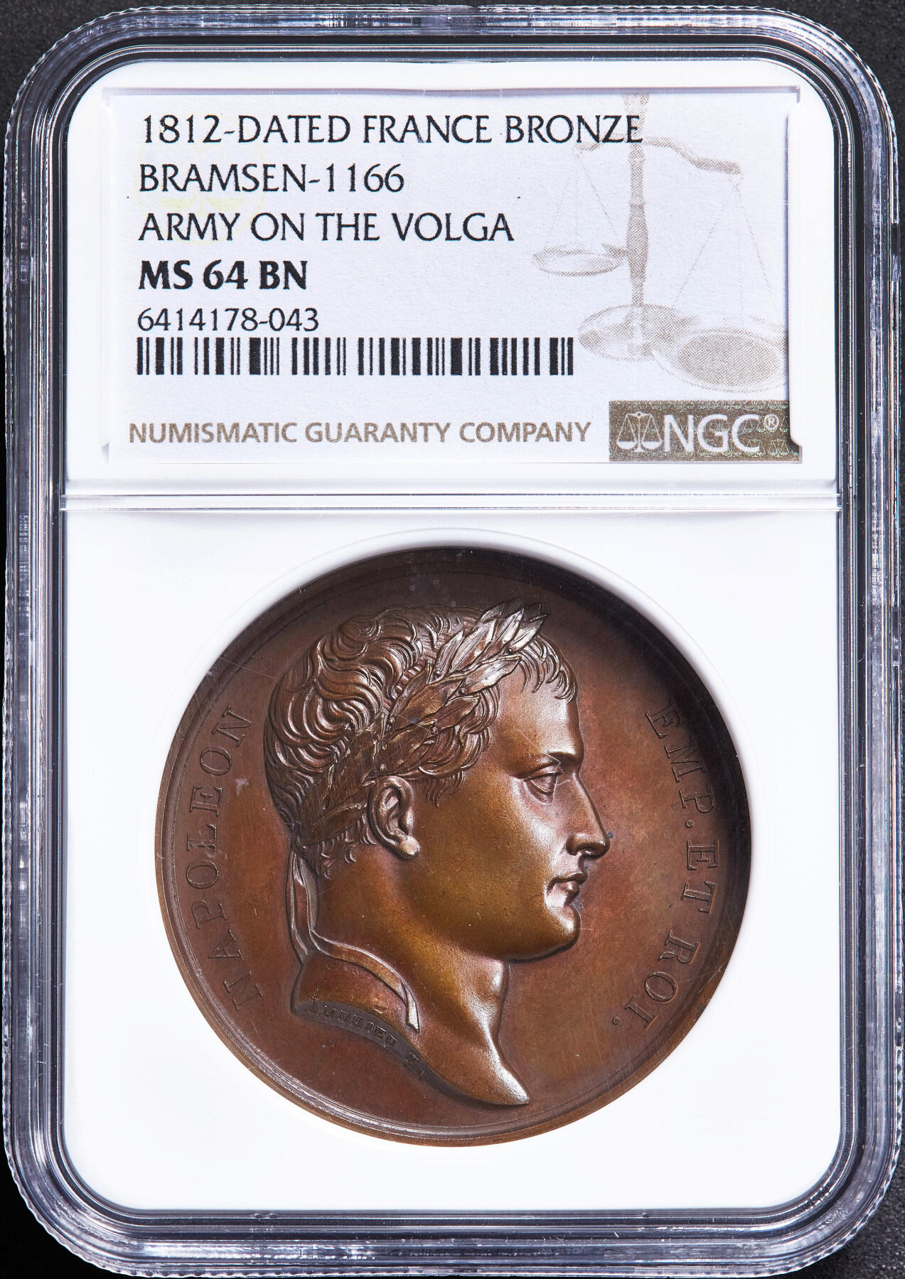 【俄甄集藏】马年新春第一拍 2026年(048)02-25星期三 晚 19:30 全场包邮 法国1812年拿破仑帝国纪念法军横渡伏尔加河大铜章，NGC MS64，巧克力包浆，原铸高浮雕，少见品种，唯一亚军分