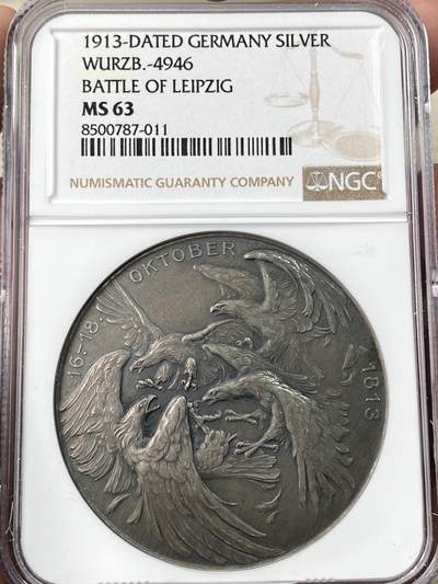 万国钱币拍卖第061期（马年首拍） - NGC MS63 1913年德国莱比锡战役纪念大银章 大型45MM 即便小型银质也非常罕见 此最大形制银质绝对称得上是珍稀收藏级品种 原味MATTE磨砂质感
