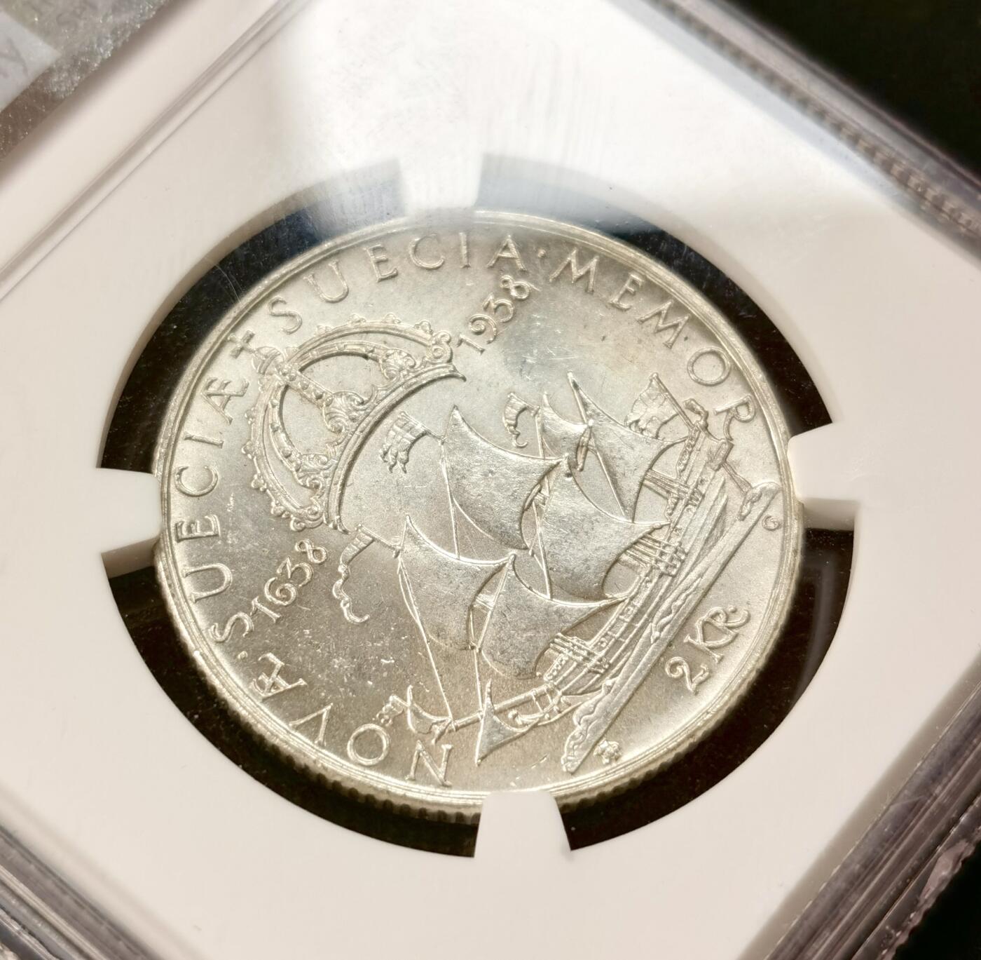 甄臻铺-世界币章拍卖（第51期），送拍享返佣金等优惠多多 NGC-MS62 瑞典1938年2克朗银币 15克 800银 纪念瑞典人移民美国达拉华州300周年