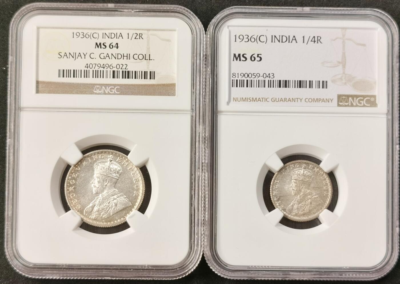 “福币呈祥”新年甄品场（直播拍卖）甄臻铺-世界币章拍卖（第50期），送拍享返佣金等优惠多多 NGC-MS65-MS64 1936年C版英属印度乔治五世1/4卢比，非原光白币，币面冷着高级灰原光，小银毫能有此高分属实难得；MS64乔五1/2卢比，桑杰.C.甘地旧藏，甘地家族旧藏罕见