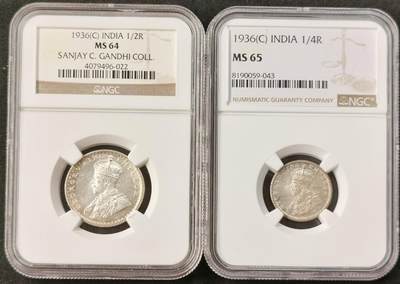 “福币呈祥”新年甄品场（直播拍卖）甄臻铺-世界币章拍卖（第50期），送拍享返佣金等优惠多多 - NGC-MS65-MS64 1936年C版英属印度乔治五世1/4卢比，非原光白币，币面冷着高级灰原光，小银毫能有此高分属实难得；MS64乔五1/2卢比，桑杰.C.甘地旧藏，甘地家族旧藏罕见