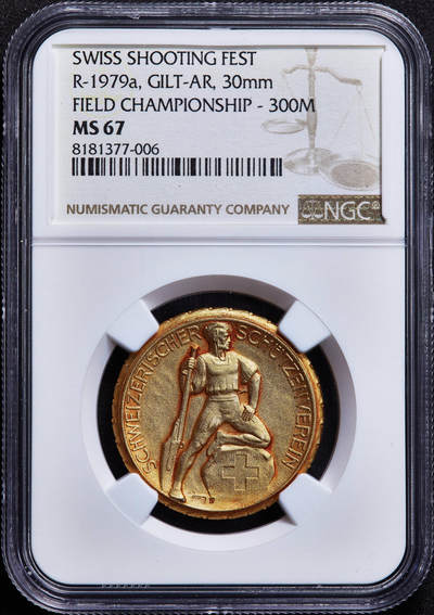 【俄甄集藏】马年新春第一拍 2026年(048)02-25星期三 晚 19:30 全场包邮 - 瑞士1920-1930年射击节300米步枪优胜镀金银章，NGC MS67，授予吉格·康拉德，金水足，顶级品相，直径30mm