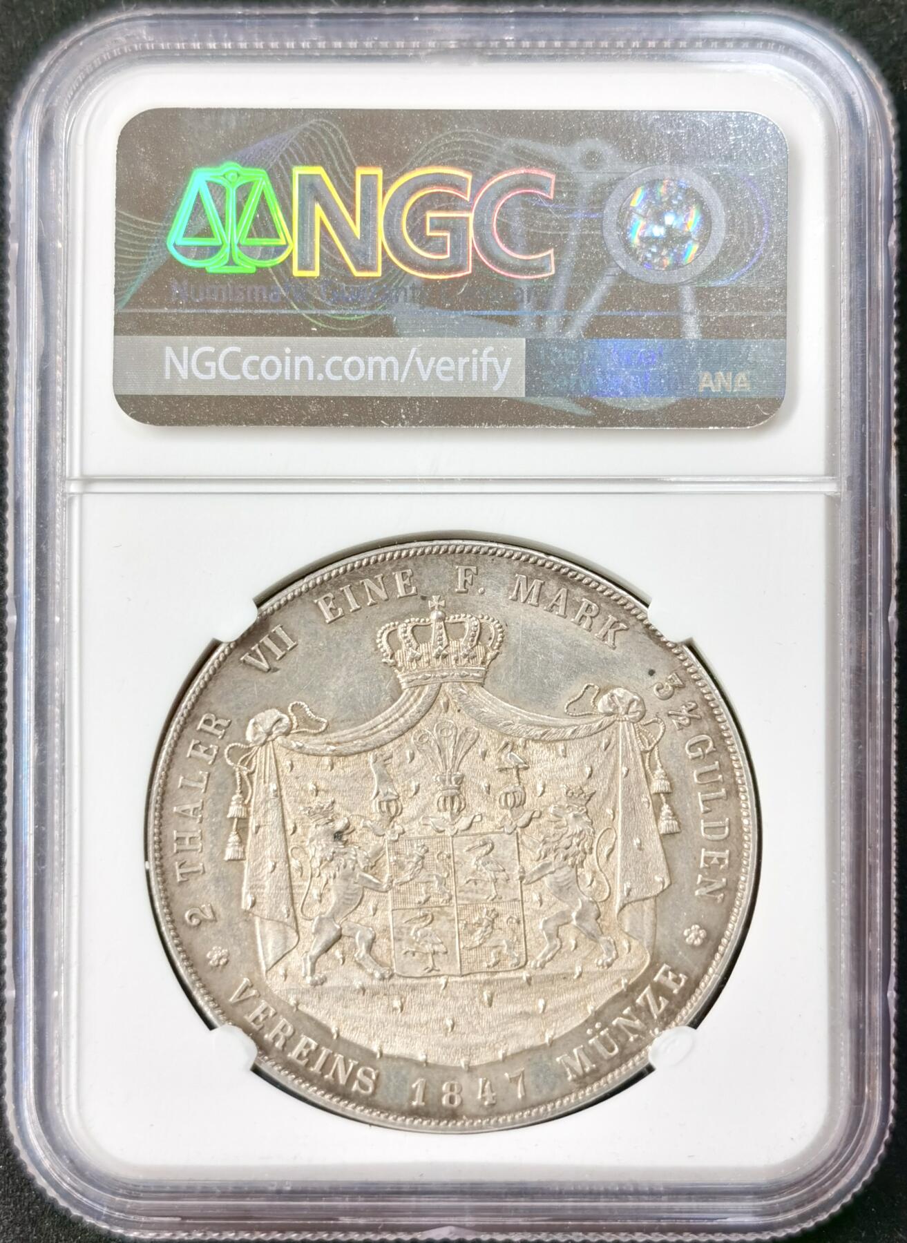 “福币呈祥”新年甄品场（直播拍卖）甄臻铺-世界币章拍卖（第50期），送拍享返佣金等优惠多多 NGC-MS62 1847年德国罗伊斯-埃伯恩多夫幼系海因里希七十二世大纹章2泰勒 发行量2750枚的高难小邦品种 极具辨识度的德式精发 原味淡彩转光品相 不可多得的收藏品质