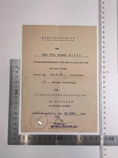 小驴勋章奖章收藏2月22日周日晚六点拍卖（珍爱和平，收藏战争，铭记历史，勿忘国耻，忠党爱国。有偿代拍，送拍规则在简介最后，参拍须阅读规则后再参拍，关系到运费包装发货时效真假辨别等关键信息，拍卖时不再发原图，看大图店主微信码在拍卖店铺介绍里） - 1945年黑色战伤奖章的证书