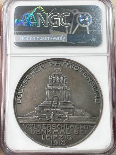 万国钱币拍卖第061期（马年首拍） NGC MS63 1913年德国莱比锡战役纪念大银章 大型45MM 即便小型银质也非常罕见 此最大形制银质绝对称得上是珍稀收藏级品种 原味MATTE磨砂质感