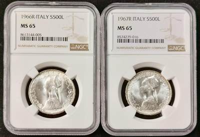 “福币呈祥”新年甄品场（直播拍卖）甄臻铺-世界币章拍卖（第50期），送拍享返佣金等优惠多多 - NGC-MS65 意大利帆船里拉高分卷拆2枚一组